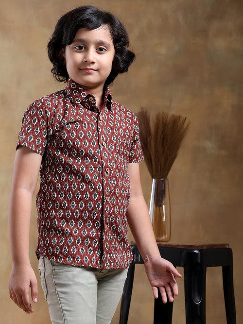 BACHPAN DAHLEEZ MAROON COTTON HAND BLOCK SHIRT