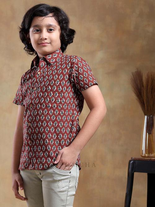 BACHPAN DAHLEEZ MAROON COTTON HAND BLOCK SHIRT