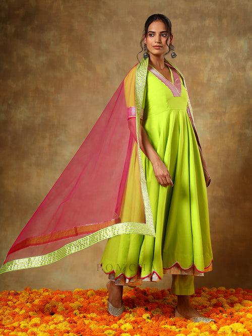 GUZARISH GULAAL GREEN COTTON ANARKALI SET