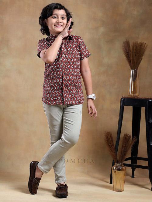 BACHPAN DAHLEEZ MAROON COTTON HAND BLOCK SHIRT