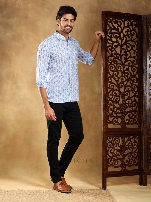 SAGAR BLUE COTTON HAND BLOCK SHIRT