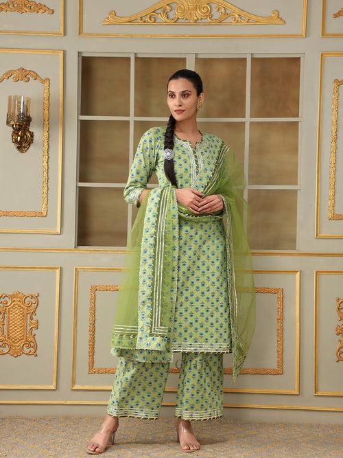 SAADGI BLUE PAISLEY GREEN STRAIGHT SUIT SET