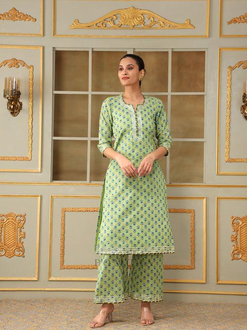 SAADGI BLUE PAISLEY GREEN STRAIGHT SUIT SET