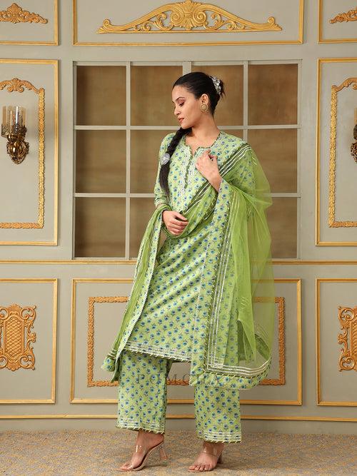 SAADGI BLUE PAISLEY GREEN STRAIGHT SUIT SET