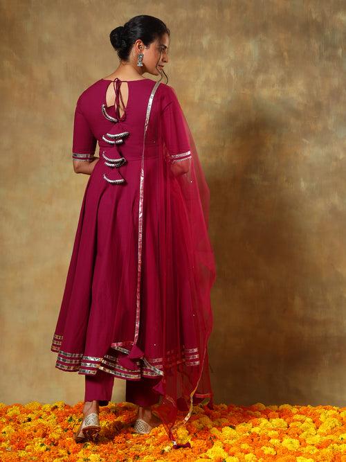 GUZARISH BURGANDY COTTON ANARKALI SET