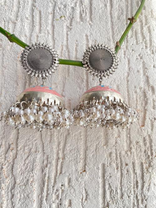 SILVER OXIDISED PINK PASTEL EARRING