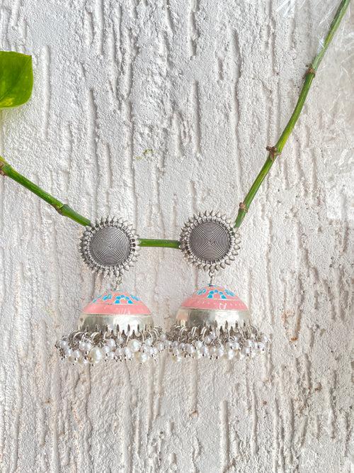 SILVER OXIDISED PINK PASTEL EARRING