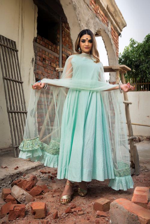 AQUA BLUE PURE COTTON ANARKALI SET