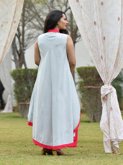 AAHELI RASPBERRY-GREY EMBROIDERED DRESS WITH SHRUG
