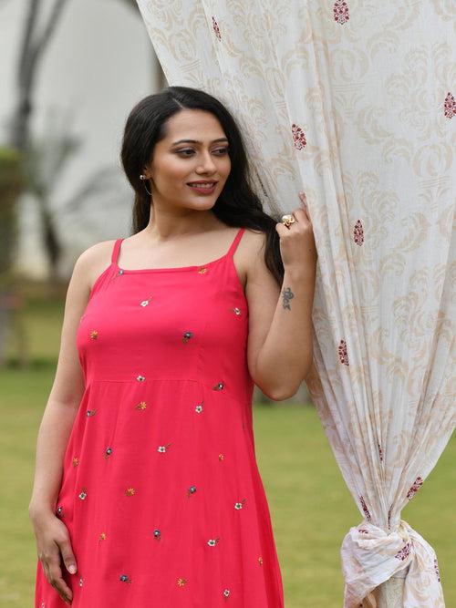 AAHELI RASPBERRY-GREY EMBROIDERED DRESS WITH SHRUG