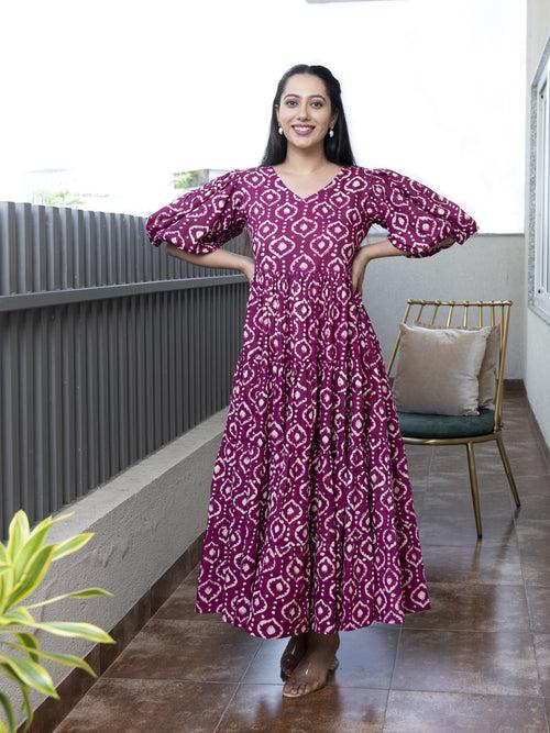 AAHELI DEEP ORCHID PRINTED COTTON TIERED DRESS