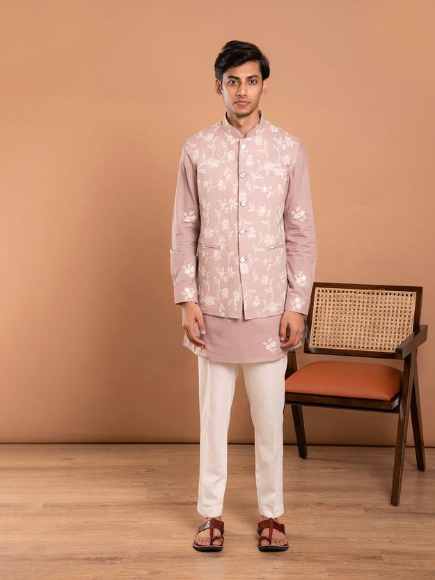 AAHELI BROWN COTTON EMBROIDERED KURTA-PANT-JACKET SET