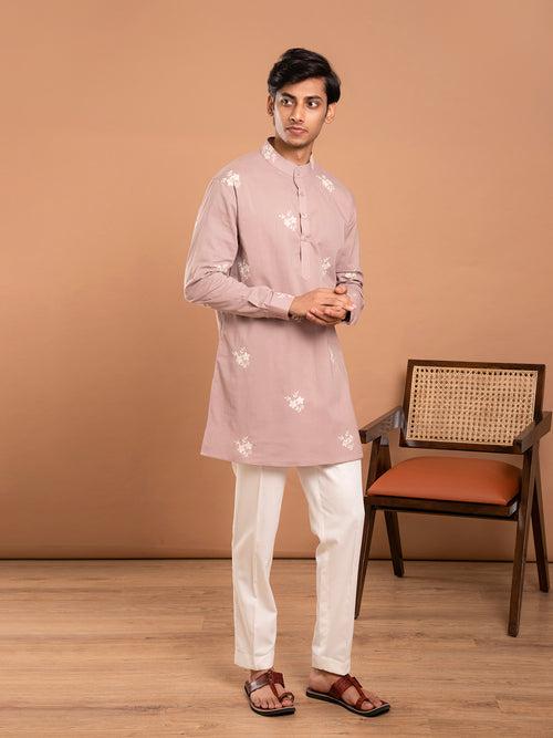 AAHELI BROWN COTTON EMBROIDERED KURTA-PANT-JACKET SET