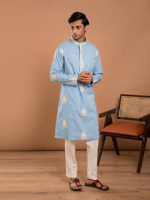 AAHELI JAHAN BLUE COTTON EMBROIDERED KURTA-PANT SET