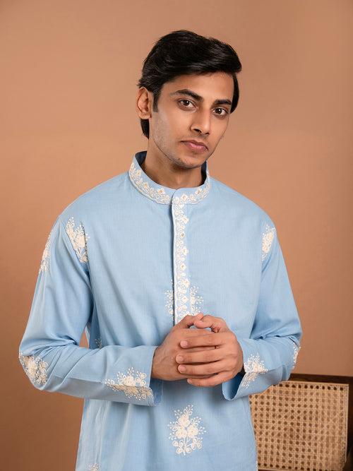 AAHELI JAHAN BLUE COTTON EMBROIDERED KURTA-PANT SET