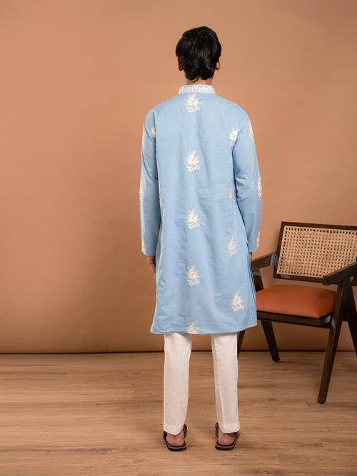 AAHELI JAHAN BLUE COTTON EMBROIDERED KURTA-PANT SET