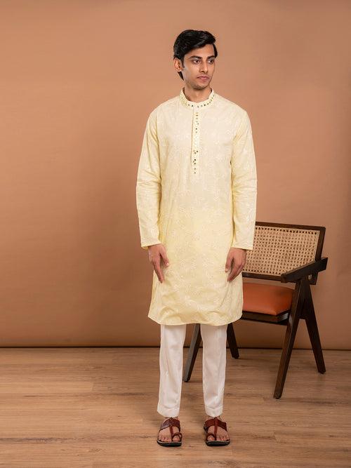 AAHELI TARAK YELLOW EMBROIDERED KURTA-PANT SET