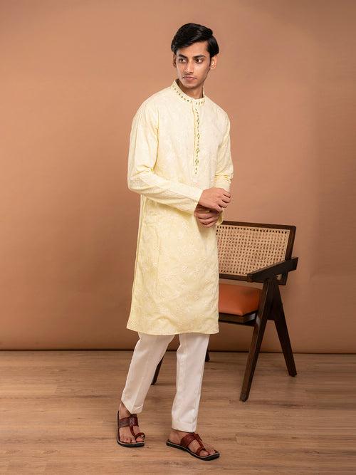 AAHELI TARAK YELLOW EMBROIDERED KURTA-PANT SET