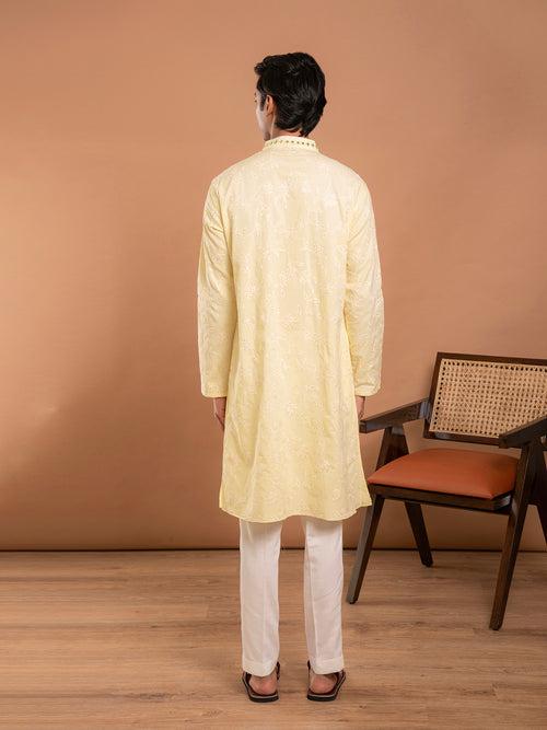 AAHELI TARAK YELLOW EMBROIDERED KURTA-PANT SET