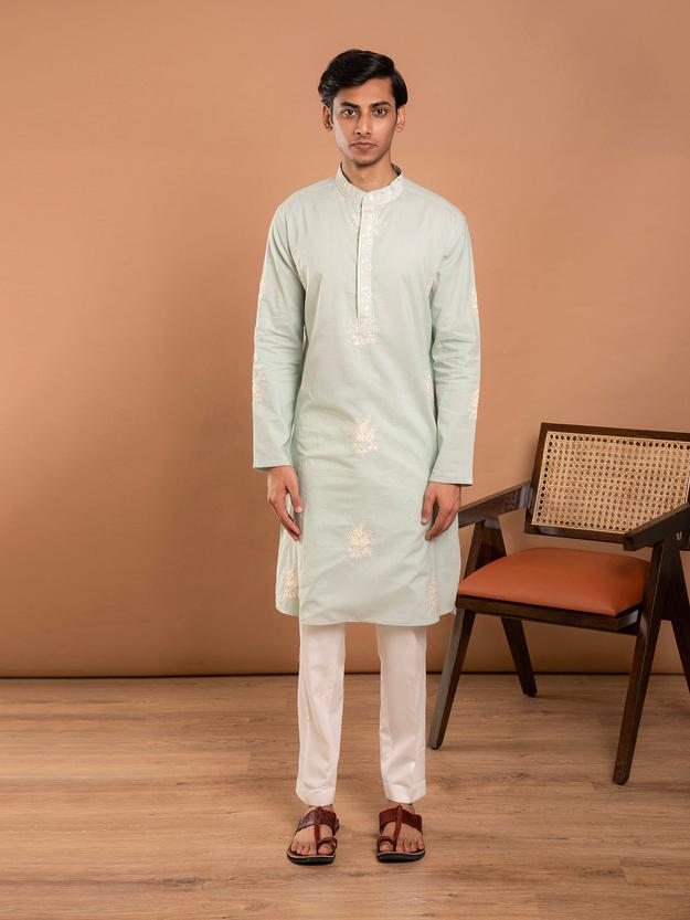 AAHELI ADVIK SAGE GREEN EMBROIDERED KURTA-PANT SET