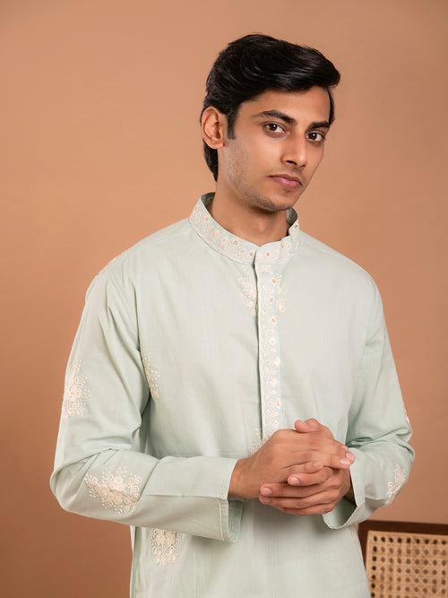 AAHELI ADVIK SAGE GREEN EMBROIDERED KURTA-PANT SET