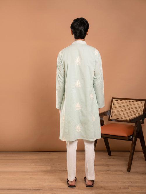 AAHELI ADVIK SAGE GREEN EMBROIDERED KURTA-PANT SET