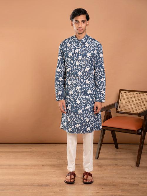 AAHELI KSHITIJ FLORAL HAND BLOCK PRINTED KURTA-PANT SET