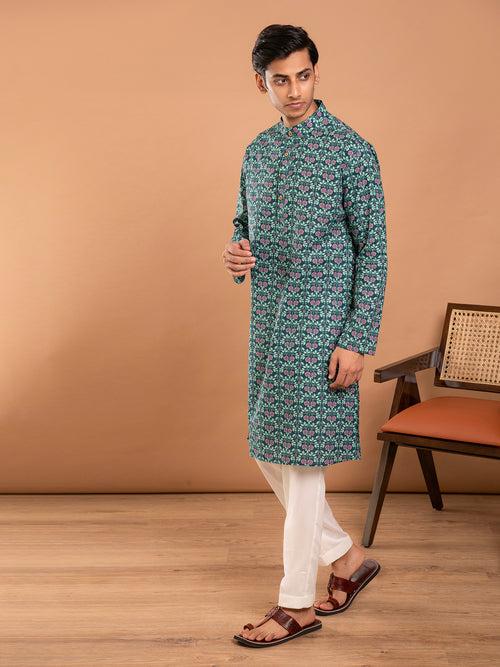 AAHELI AYAAN FLORAL JAAL HAND BLOCK PRINTED KURTA-PANT SET