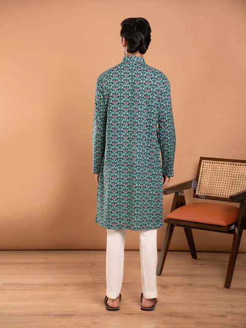 AAHELI AYAAN FLORAL JAAL HAND BLOCK PRINTED KURTA-PANT SET