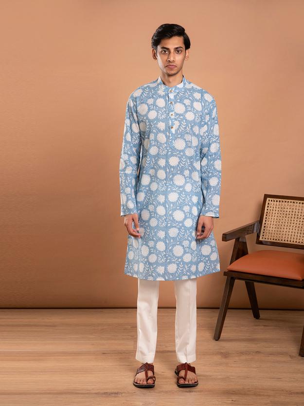 AAHELI MEN'S BLUE FLORAL HAND BLOCK PRINTED KURTA-PANT SET