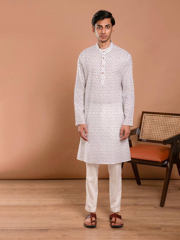 AAHELI WHITE HAND BLOCK PRINTED KURTA-PANT SET