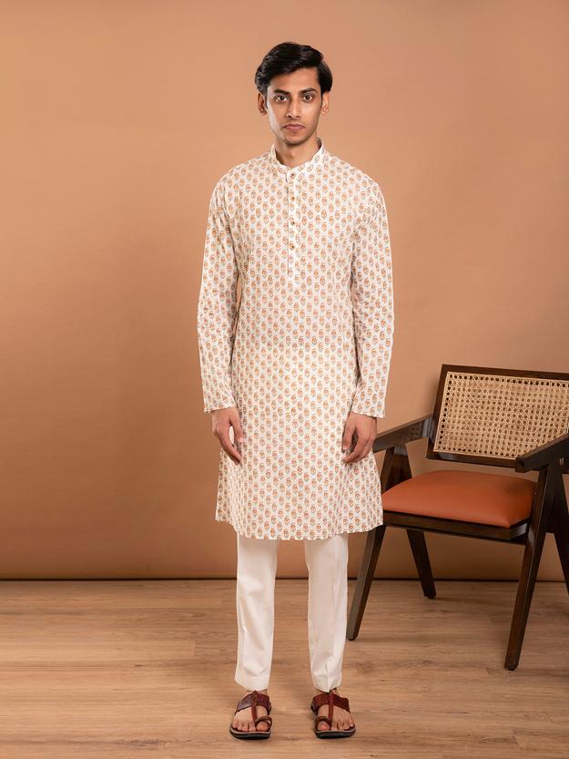 AAHELI OFF-WHITE HAND BLOCK PRINTED KURTA-PANT SET