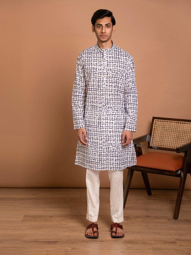 AAHELI SAYAN WHITE HAND BLOCK PRINTED KURTA-PANT SET