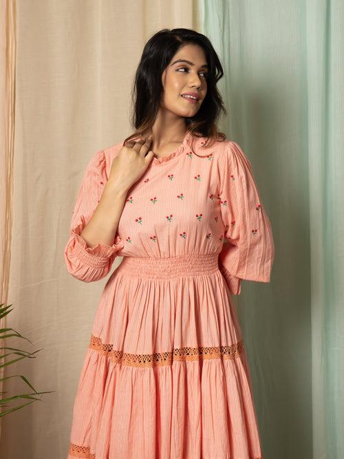 AAHELI RADIANT MEADOWS PEACH COTTON KANTHA TIERED DRESS