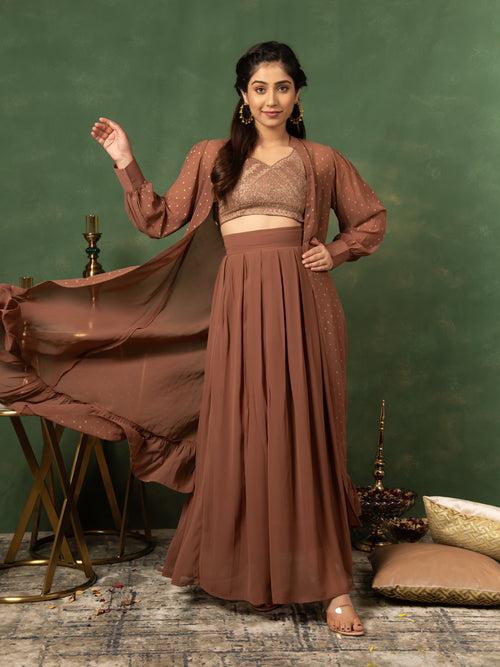 MEERA BROWN RUST BLOUSE-SKIRT & COVERUP SET