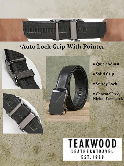 Men Solid Black Leather Auto-Lock Buckle Belt
