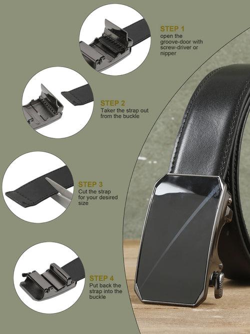 Men Solid Black Leather Auto-Lock Buckle Belt