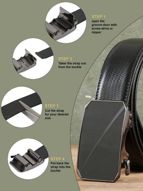 Men Black Lizard Texture Leather Auto-Lock Buckle Belt