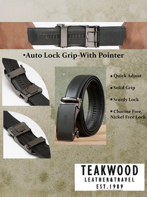 Men Texture Black Leather Auto-Lock Buckle Belt