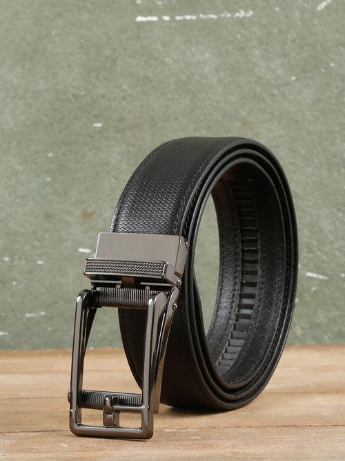 Men Texture Black Leather Auto-Lock Buckle Belt