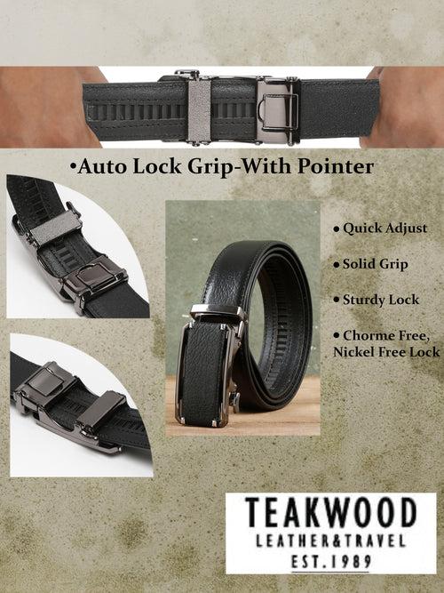 Men Texture Black Leather Auto-Lock Buckle Belt