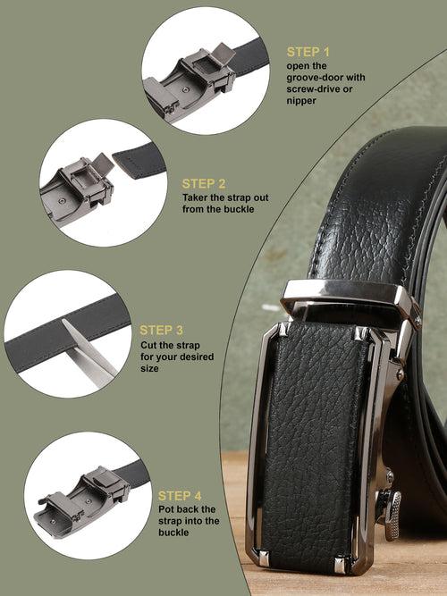 Men Texture Black Leather Auto-Lock Buckle Belt