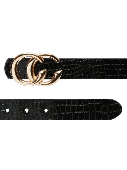 Teakwood Leather Women Black Croco Textured Belt (One Size)