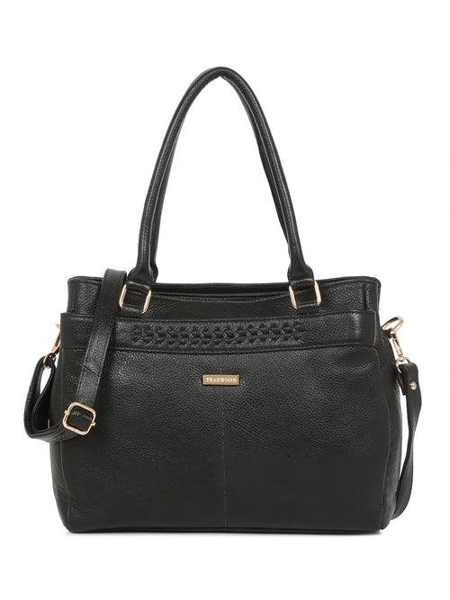 Women Black Texture Leather Handheld Bag