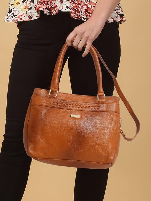 Women Tan Texture Leather Handheld Bag