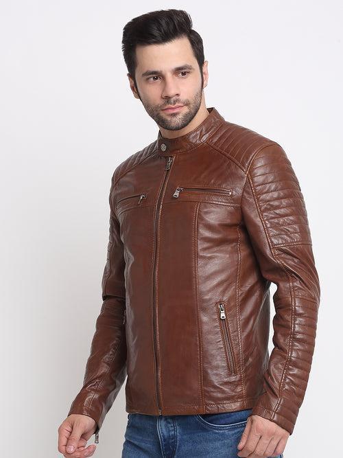 Men Brown Striped Leather Jacket