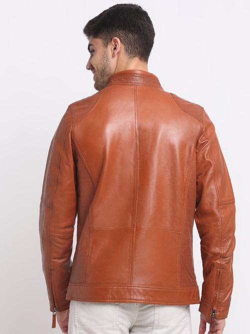Men Mustard solid Leather Jacket