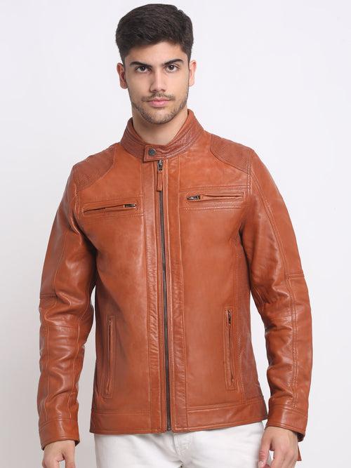 Men Mustard solid Leather Jacket