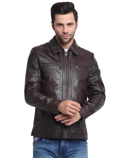 Men Brown Solid Leather Jacket