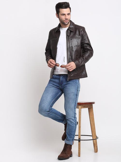 Men Brown Solid Leather Jacket